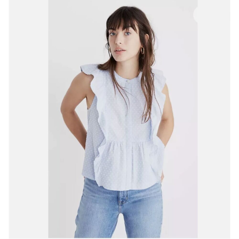 Madewell swiss dotted ruffle top - size medium - blue/white
